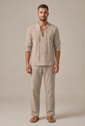 Men's Two-Piece Set Cotton Linen – Lace-Up V-Neck & Pants