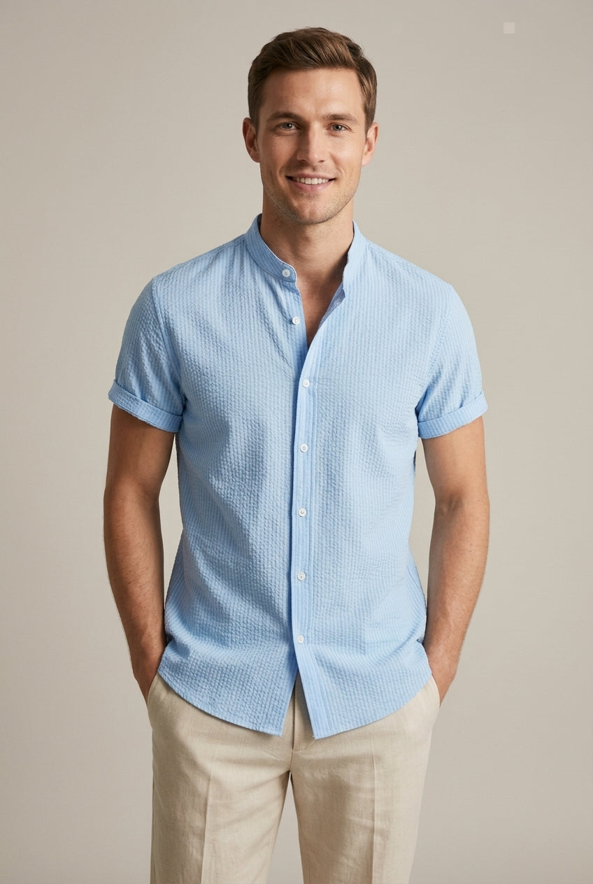 Men's Seersucker Shirt with Officer Collar – Short Sleeves, Textured Weave