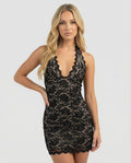 Women's Mini Lace Dress – Deep V Halter Neck with Laces