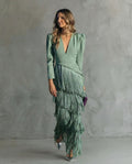 Women's Fringed V-Neck Maxi Dress – Long Sleeves Tailored Fit