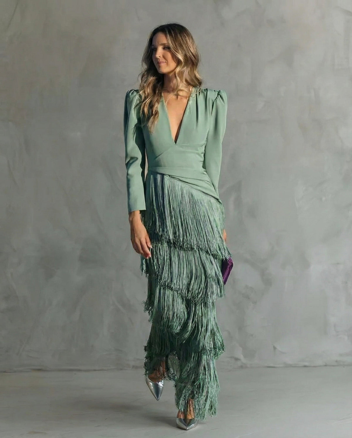 Women's Fringed V-Neck Maxi Dress – Long Sleeves Tailored Fit