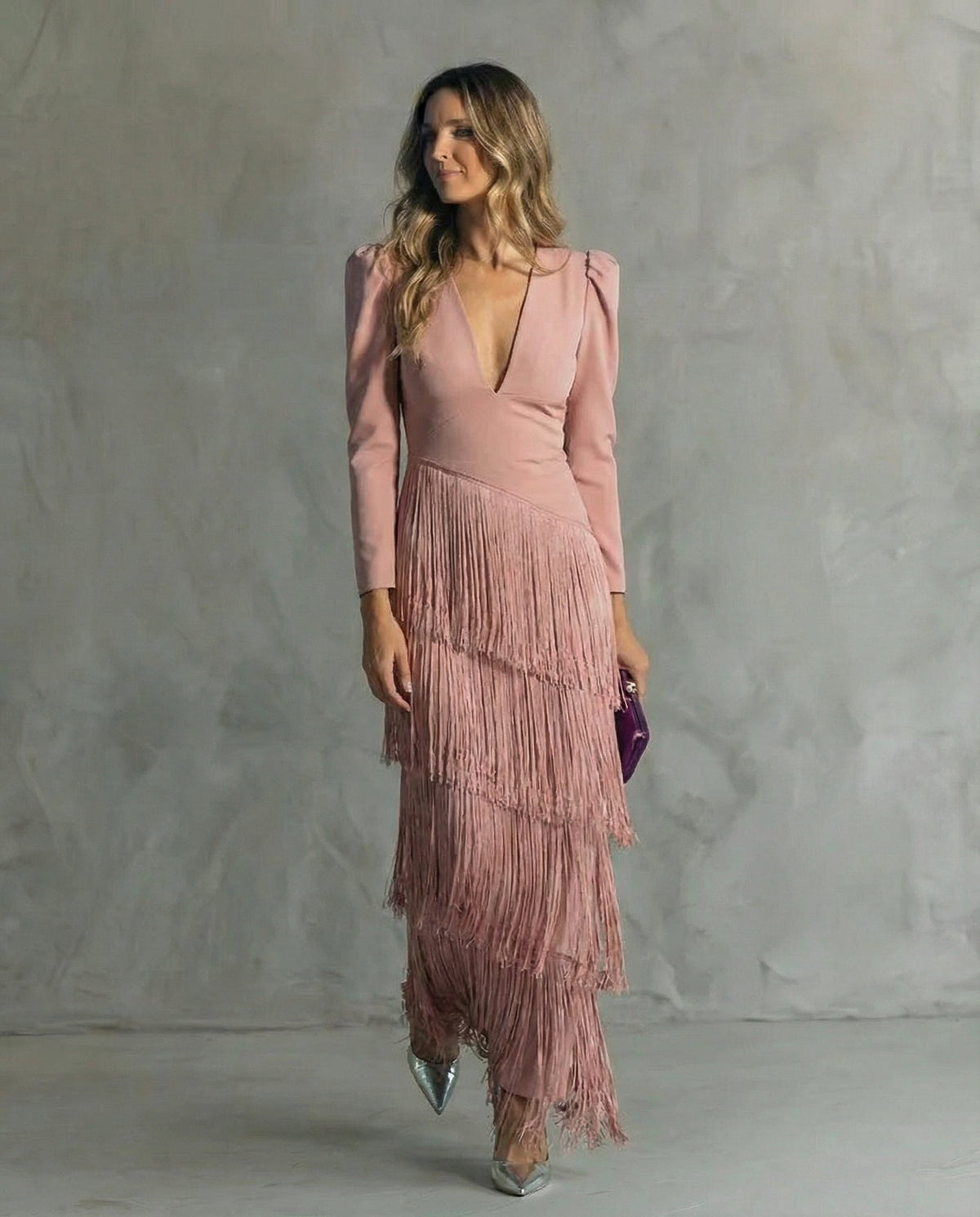 Women's Fringed V-Neck Maxi Dress – Long Sleeves Tailored Fit