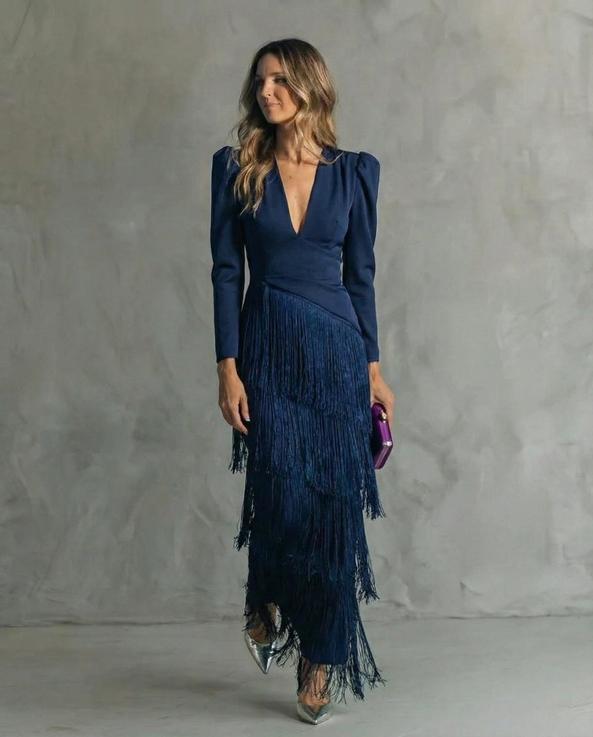 Women's Fringed V-Neck Maxi Dress – Long Sleeves Tailored Fit