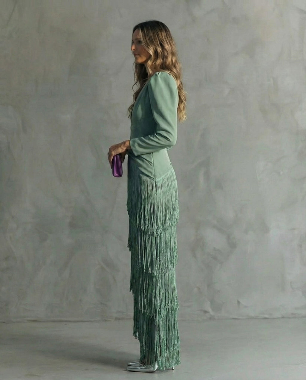 Women's Fringed V-Neck Maxi Dress – Long Sleeves Tailored Fit