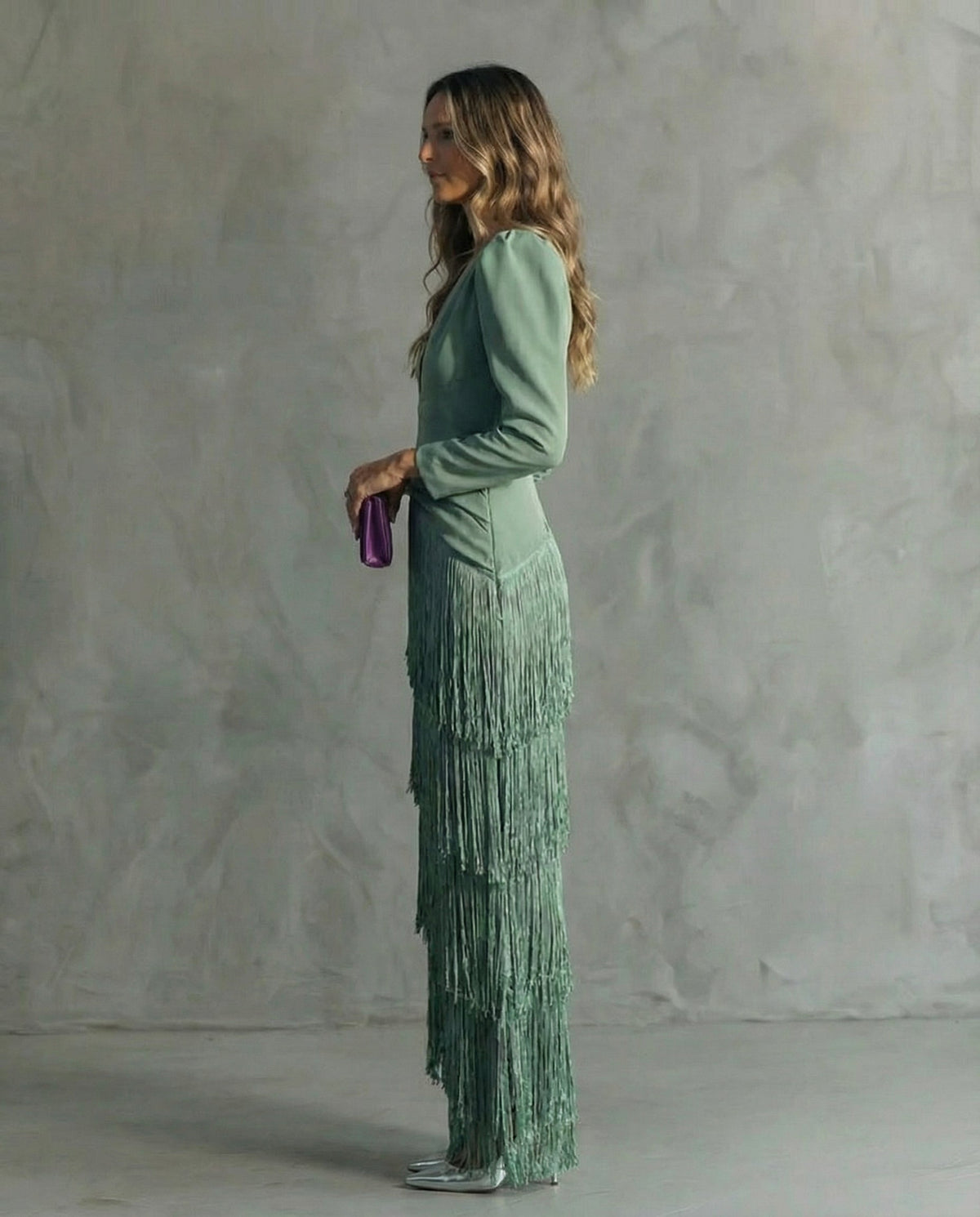 Women's Fringed V-Neck Maxi Dress – Long Sleeves Tailored Fit