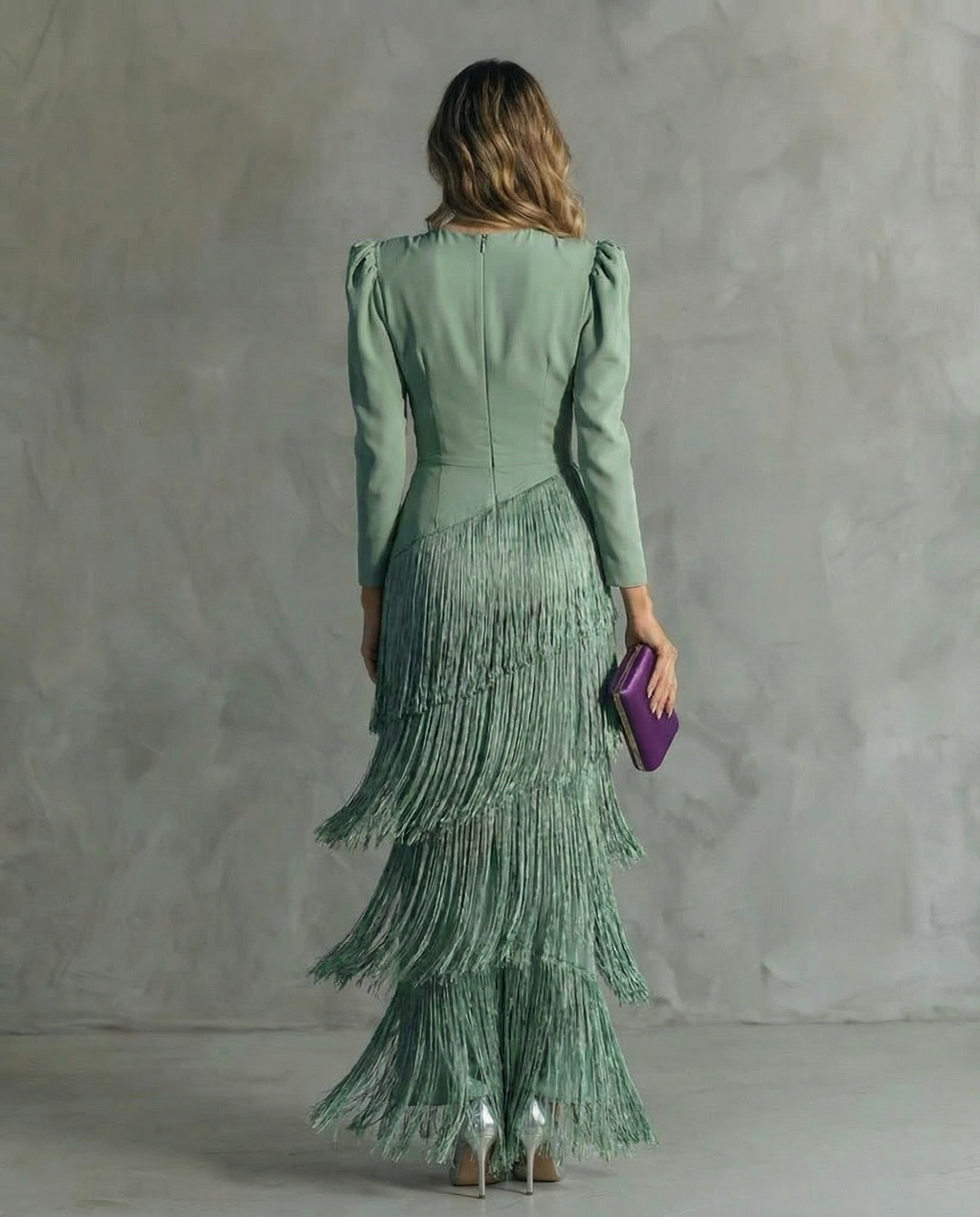 Women's Fringed V-Neck Maxi Dress – Long Sleeves Tailored Fit