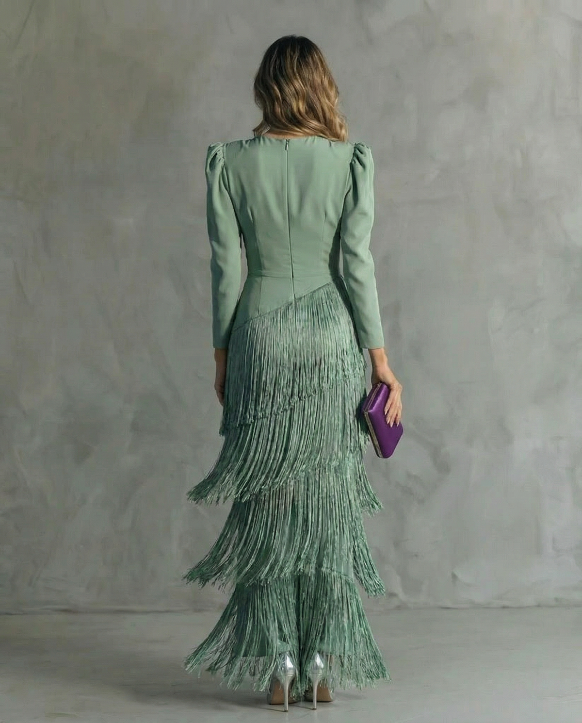 Women's Fringed V-Neck Maxi Dress – Long Sleeves Tailored Fit