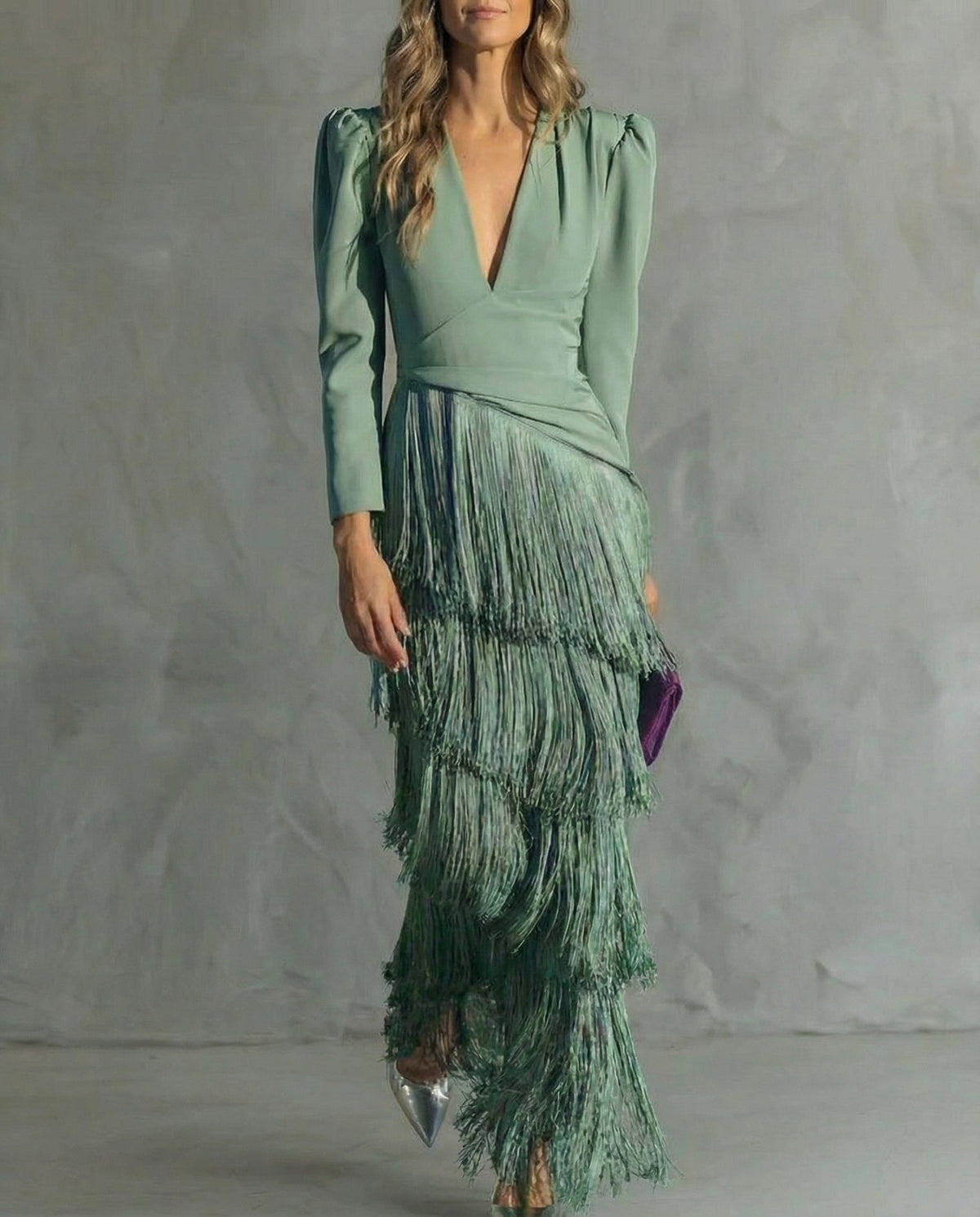 Women's Fringed V-Neck Maxi Dress – Long Sleeves Tailored Fit
