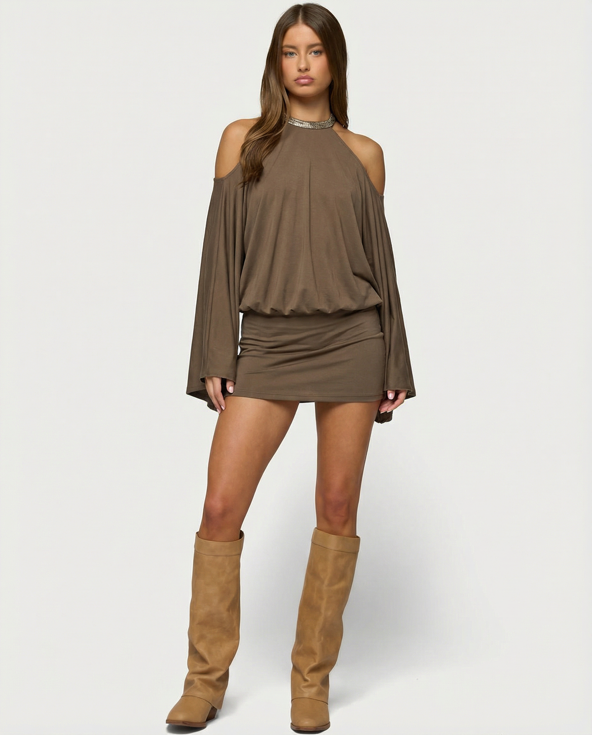 Women's Mini Dress with Open Back – Bardot Neckline and Gold Chains