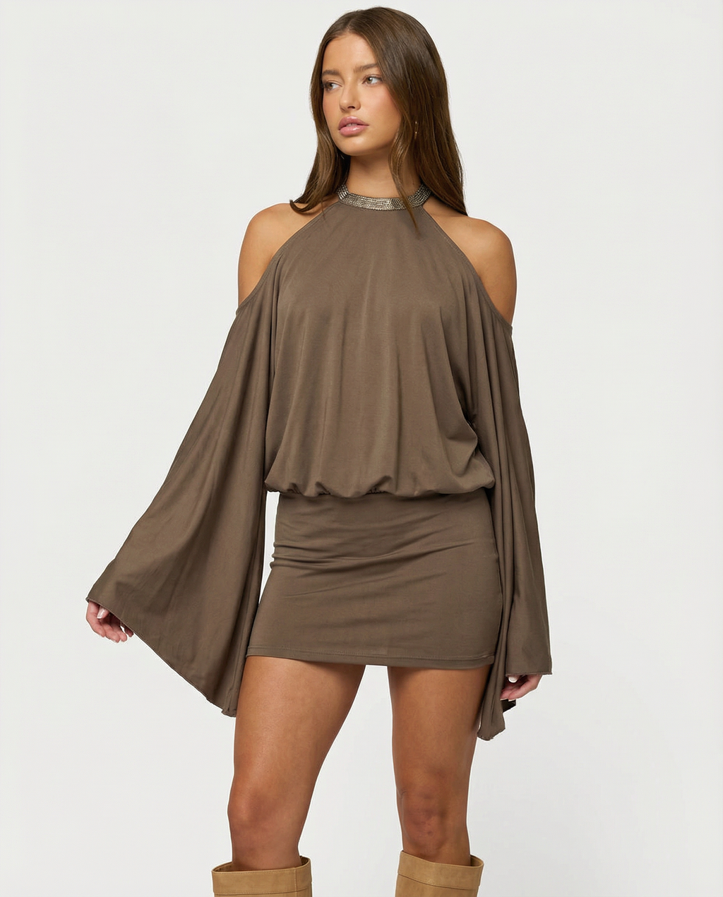 Women's Mini Dress with Open Back – Bardot Neckline and Gold Chains