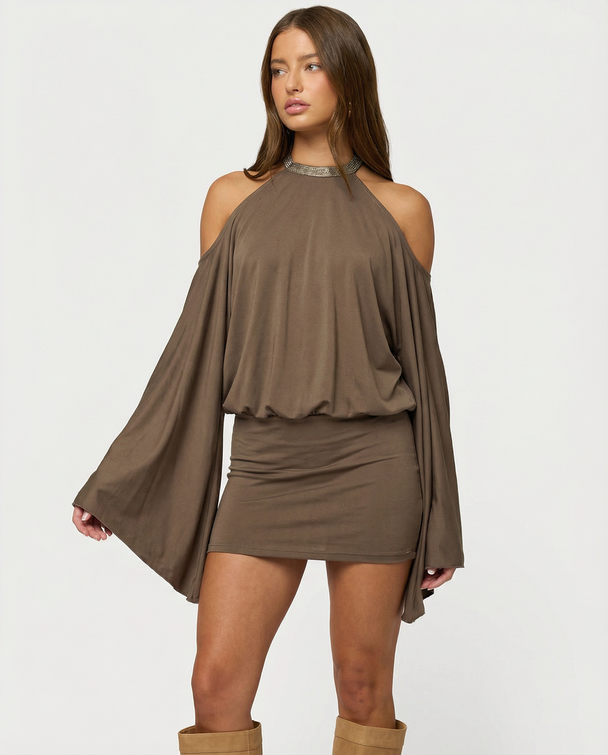 Women's Mini Dress with Open Back – Bardot Neckline and Gold Chains