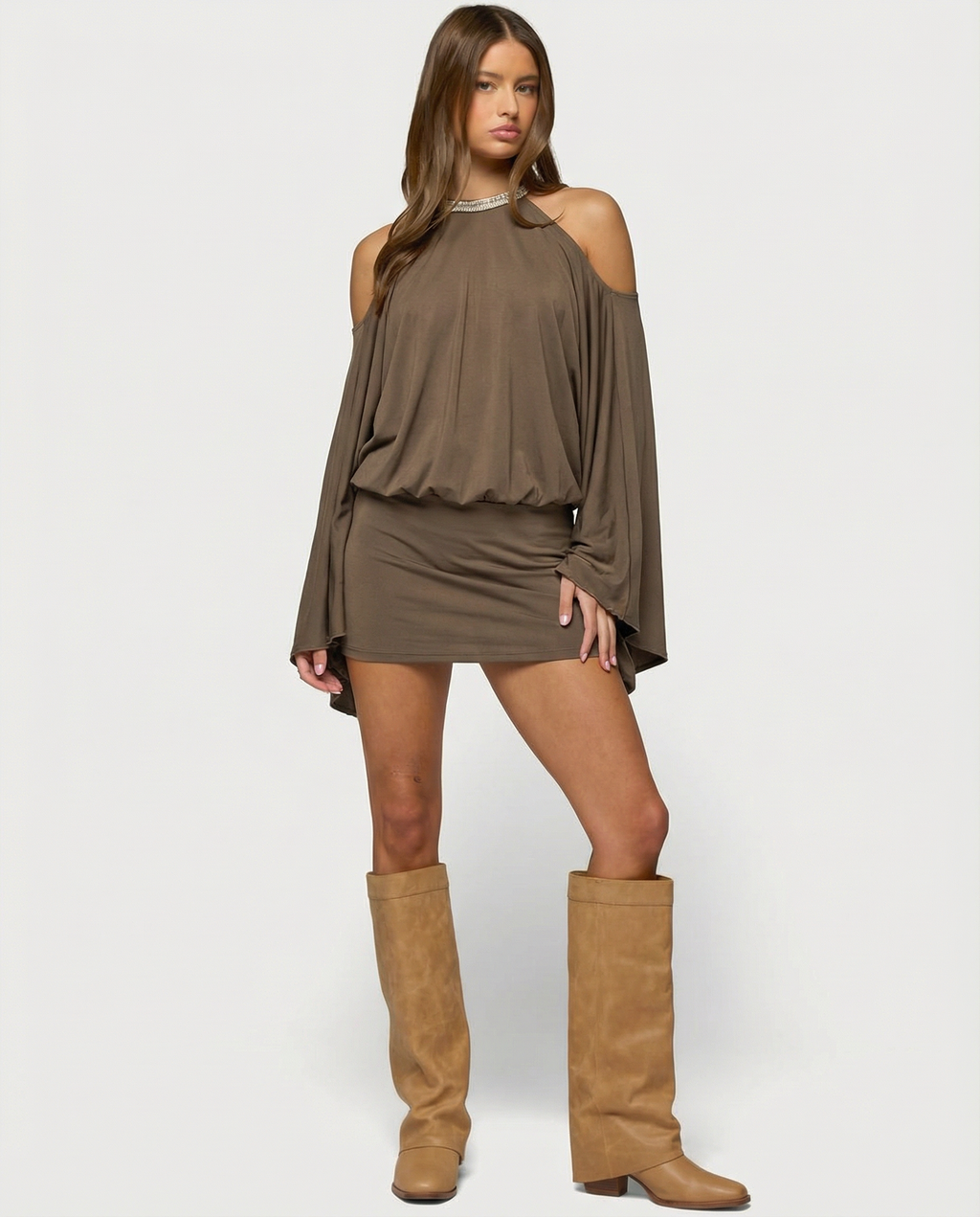 Women's Mini Dress with Open Back – Bardot Neckline and Gold Chains