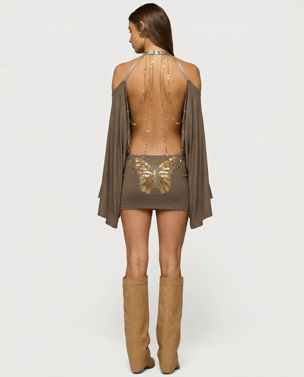 Women's Mini Dress with Open Back – Bardot Neckline and Gold Chains