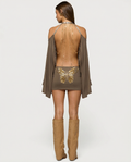 Women's Mini Dress with Open Back – Bardot Neckline and Gold Chains
