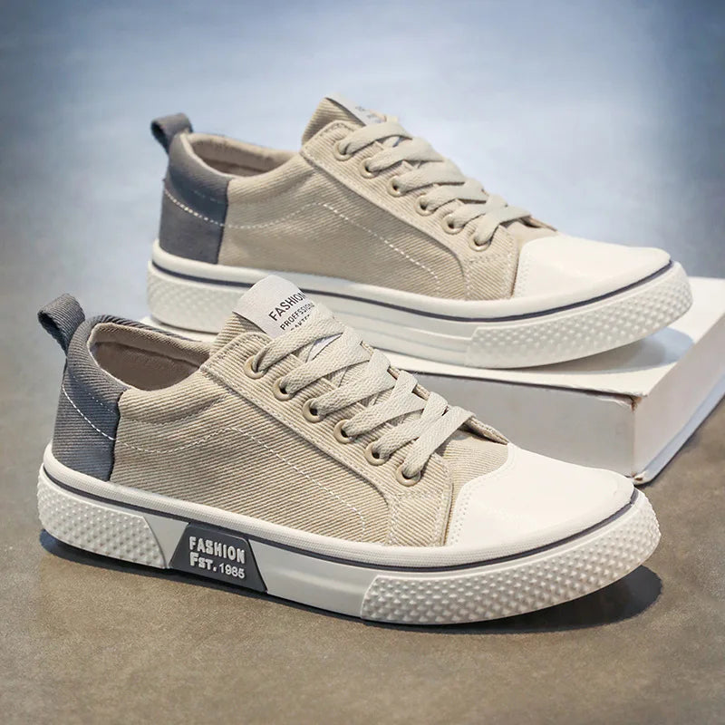Men's Canvas Sneakers – Textured Finish, Contrasting Panel, Low Design