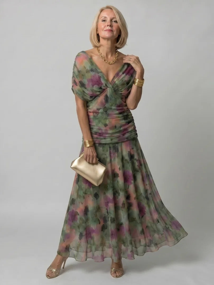 Women's Maxi Chiffon Dress – V-Neck Print, Short Sleeves