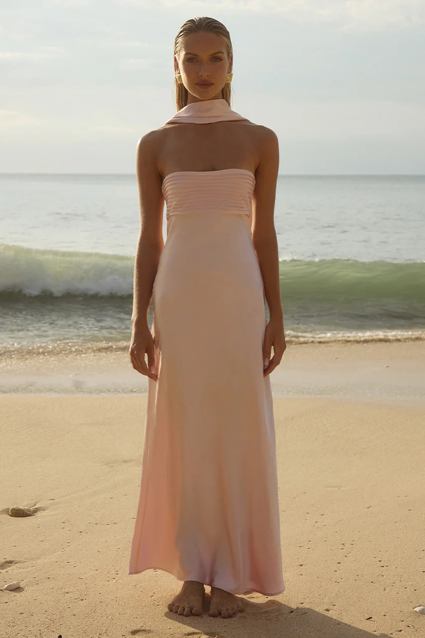 Women's Satin Maxi Dress – High Waist Lace Detail