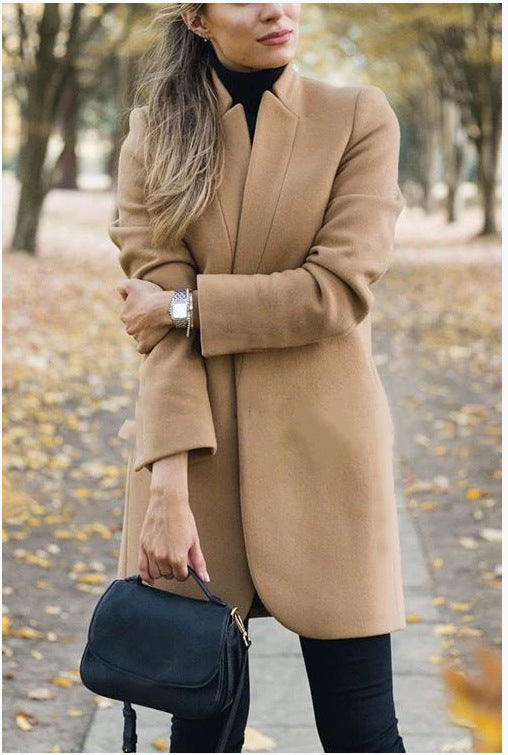 Women's Wool Coat with Stand Collar – Fitted Cardigan Cut