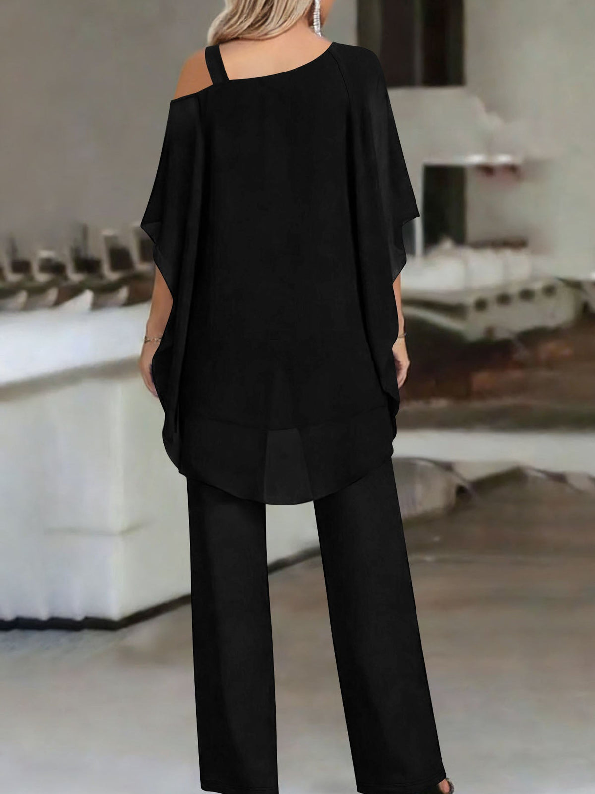 Women's Two-Piece Set – Asymmetrical Ruffle Blouse and Wide-Leg Trousers