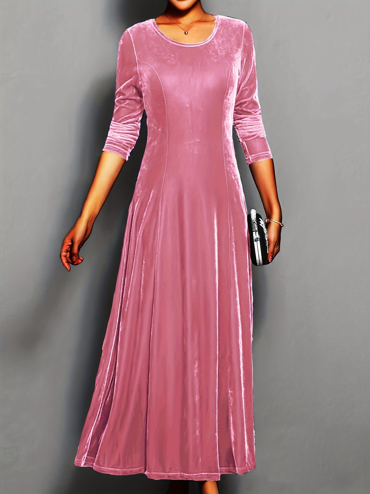 Women's Long Velvet Dress – A-Line Fit, Elegant 3/4 Sleeves