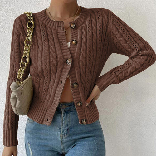 Women's Twisted-Knit Round-Neck Cardigan – Elegant Long Sleeve