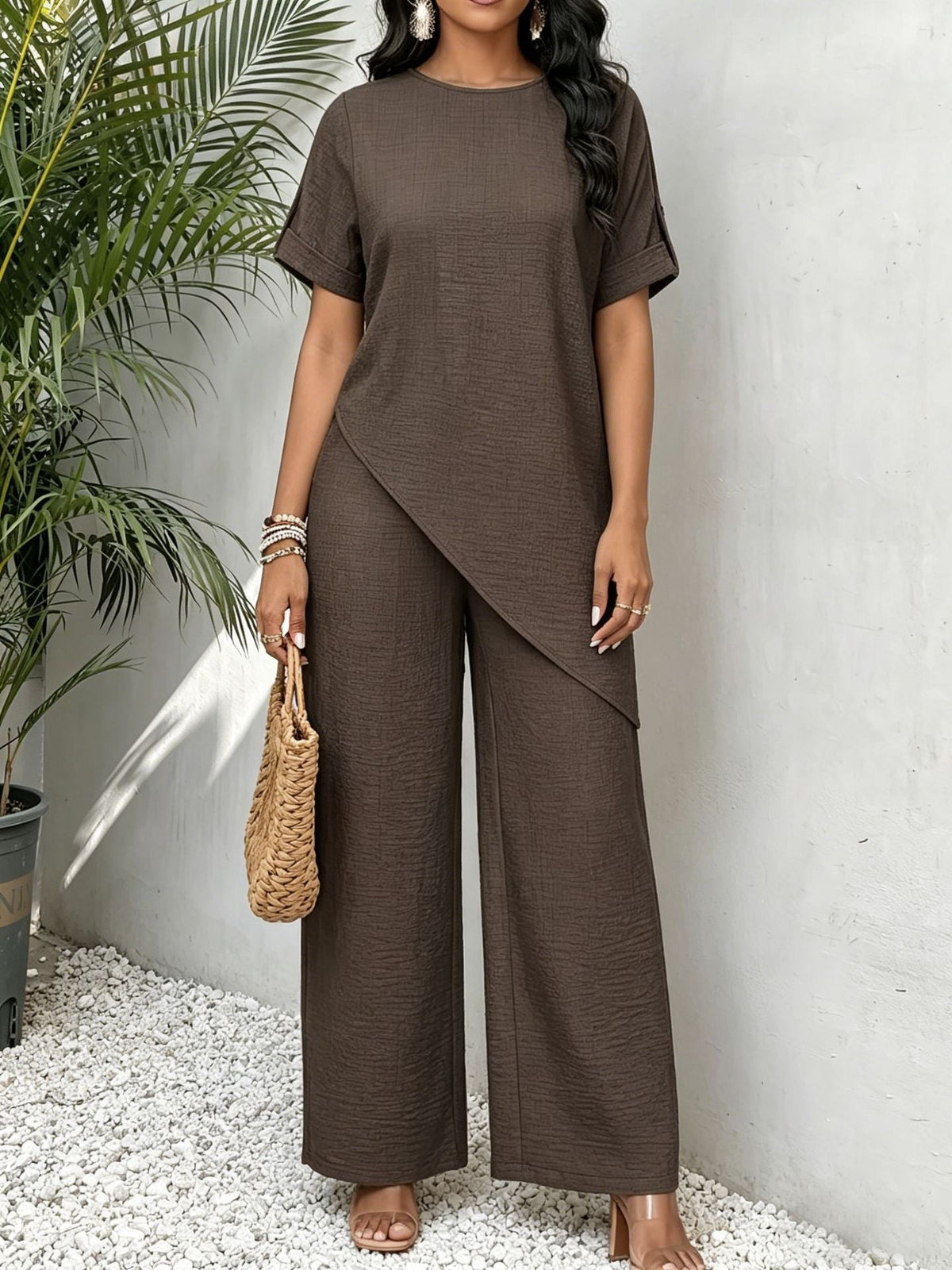 Women's Two-Piece Set – Mid-Length Top and Wide-Leg Pants, Relaxed Fit
