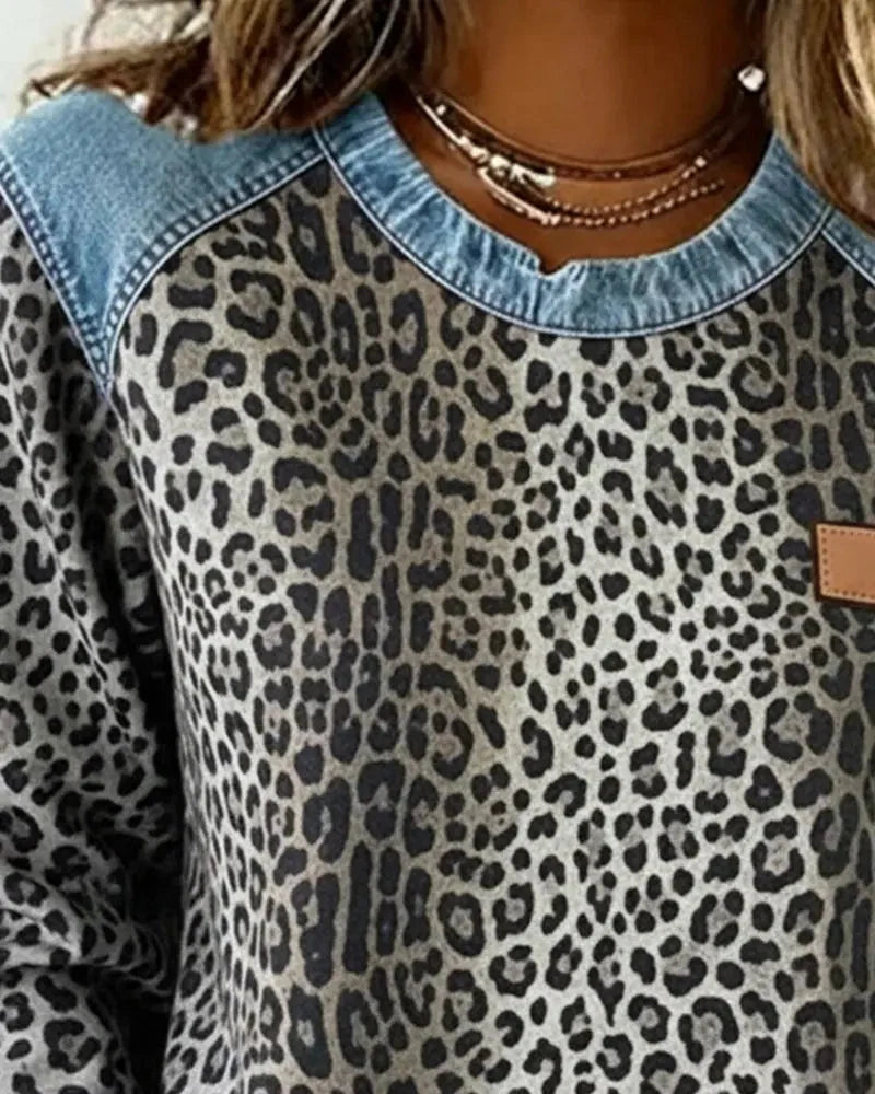 Women's Patchwork Sweatshirt – Crew Neck, Embossed Floral Pattern