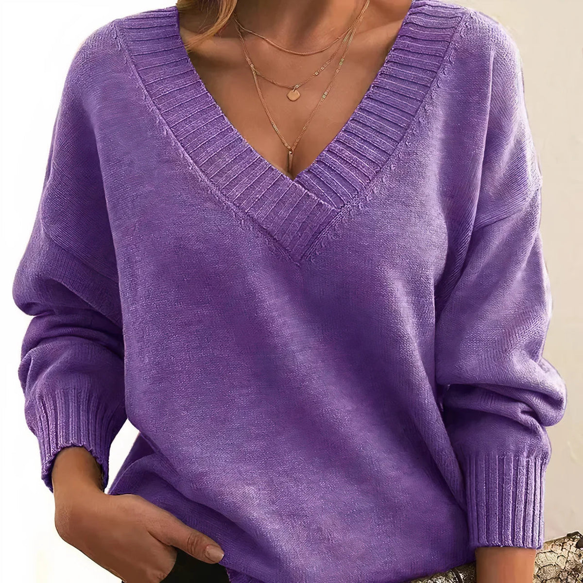 Women's Knitwear Sweater – Relaxed Fit with Ribbed Trim