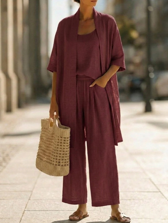 Women's Three-Piece Set – Mid-Length Cardigan, Tank Top and Straight Trousers