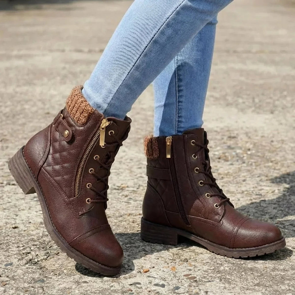 Women's Quilted Ankle Boots - Laces and practical side zip