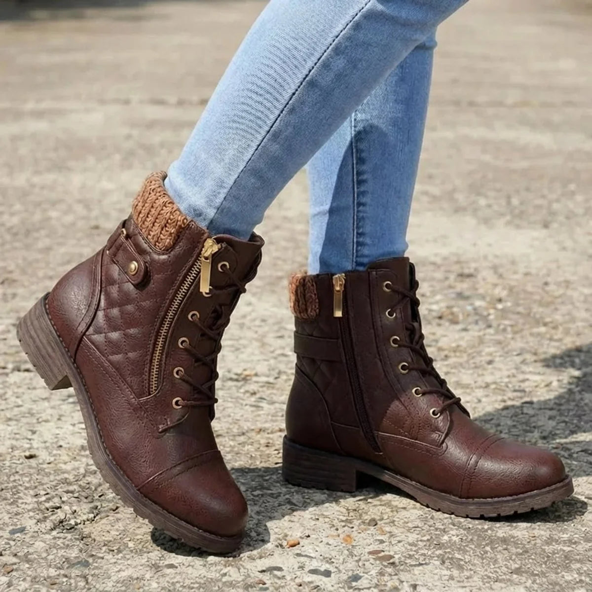 Women's Quilted Ankle Boots - Laces and practical side zip