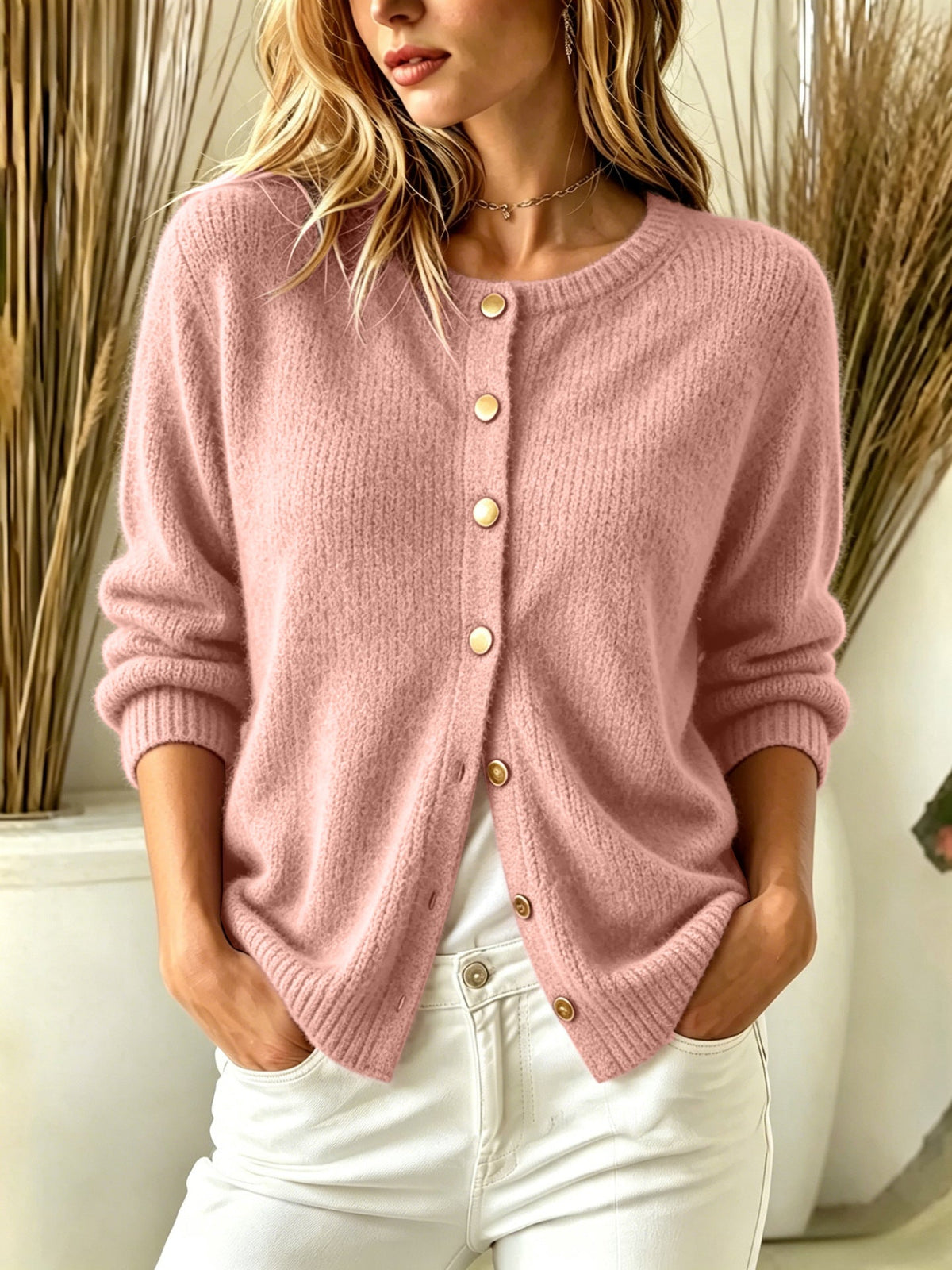 Women's Buttoned Cardigan – Classic Round Neck, Straight Fit