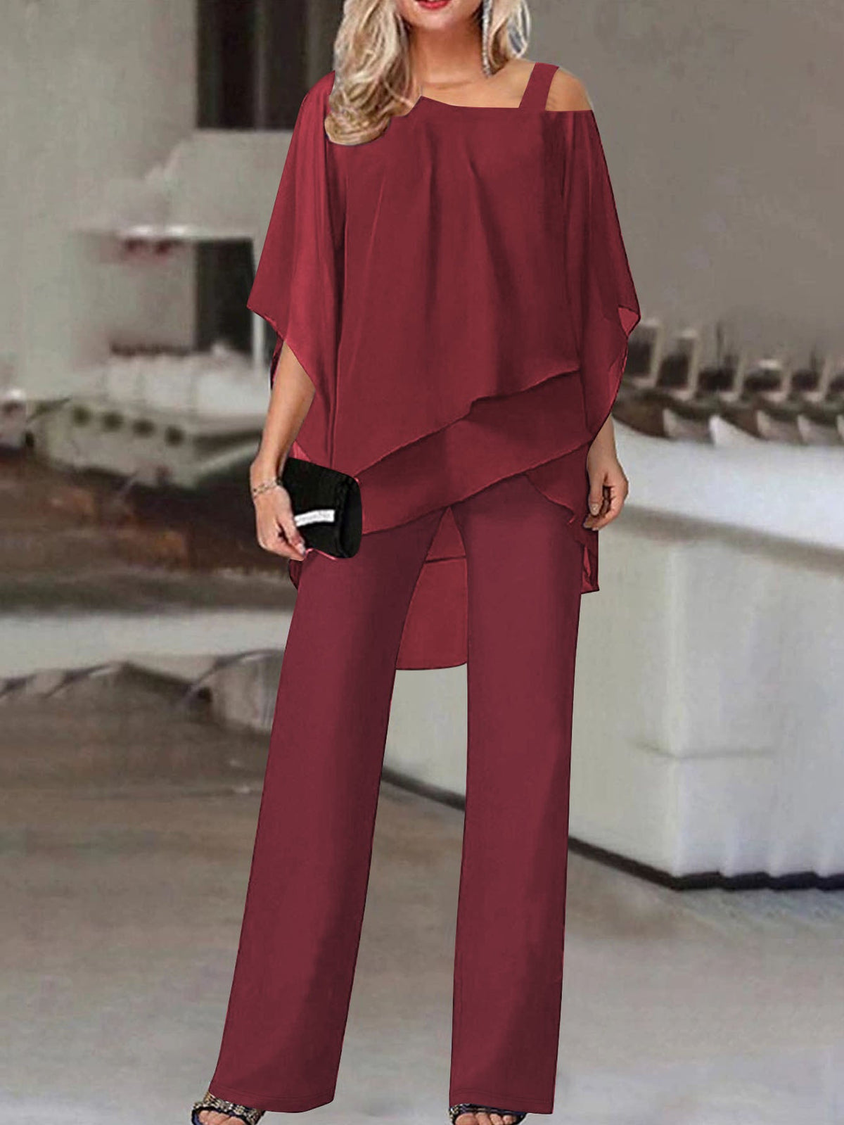 Women's Two-Piece Set – Asymmetrical Ruffle Blouse and Wide-Leg Trousers