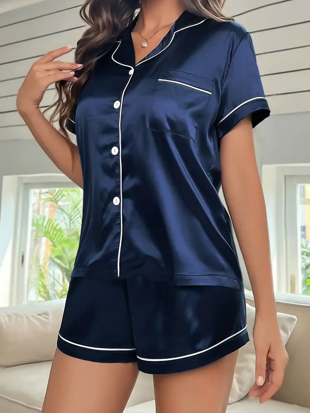Two-Piece Women’s Pajama Set – Short-Sleeve Cardigan and Lightweight Shorts