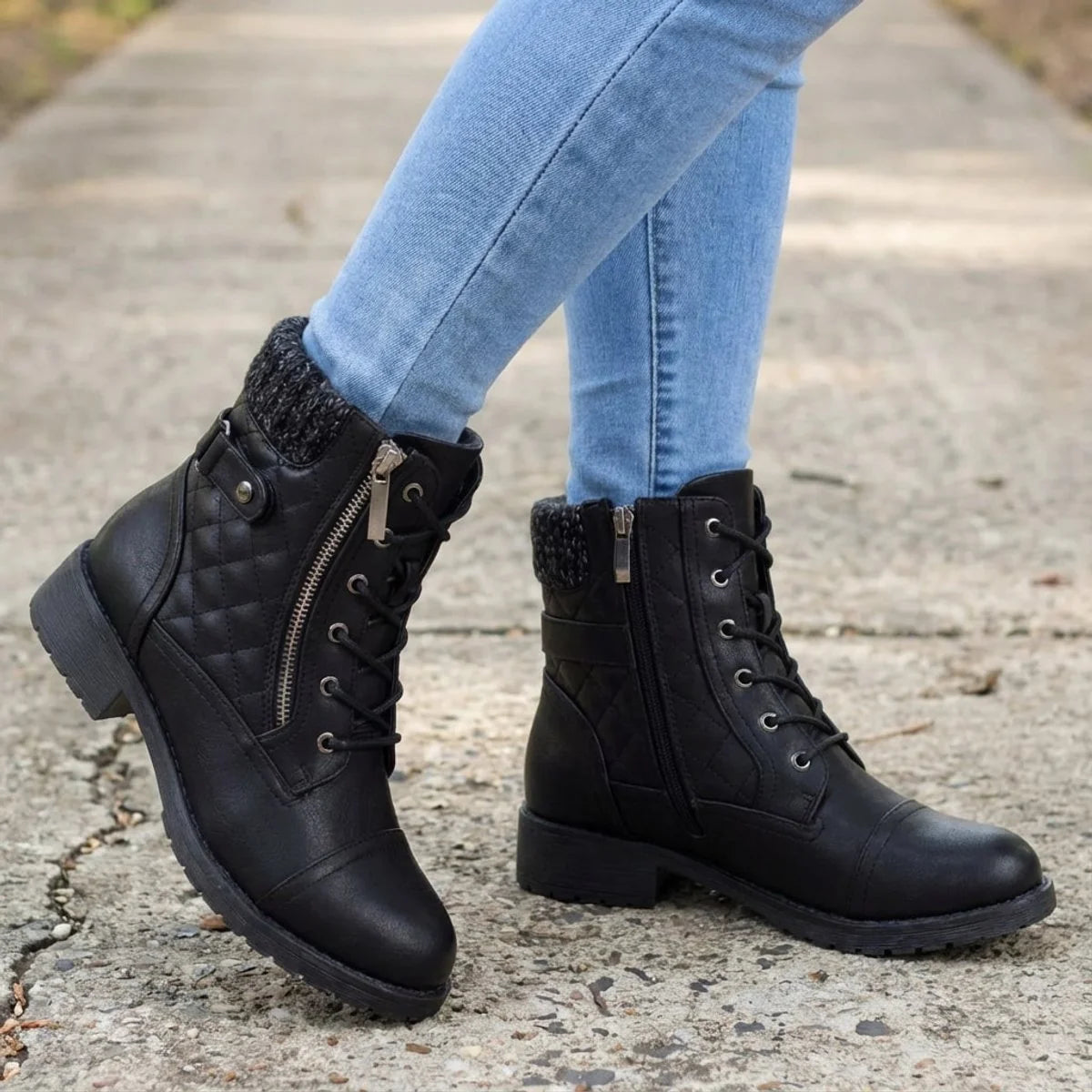 Women's Quilted Ankle Boots - Laces and practical side zip