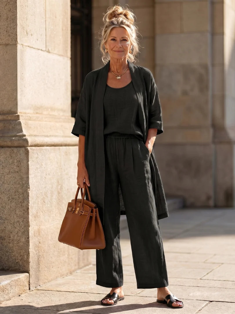 Women's Three-Piece Set – Mid-Length Cardigan, Tank Top and Straight-Leg Trousers