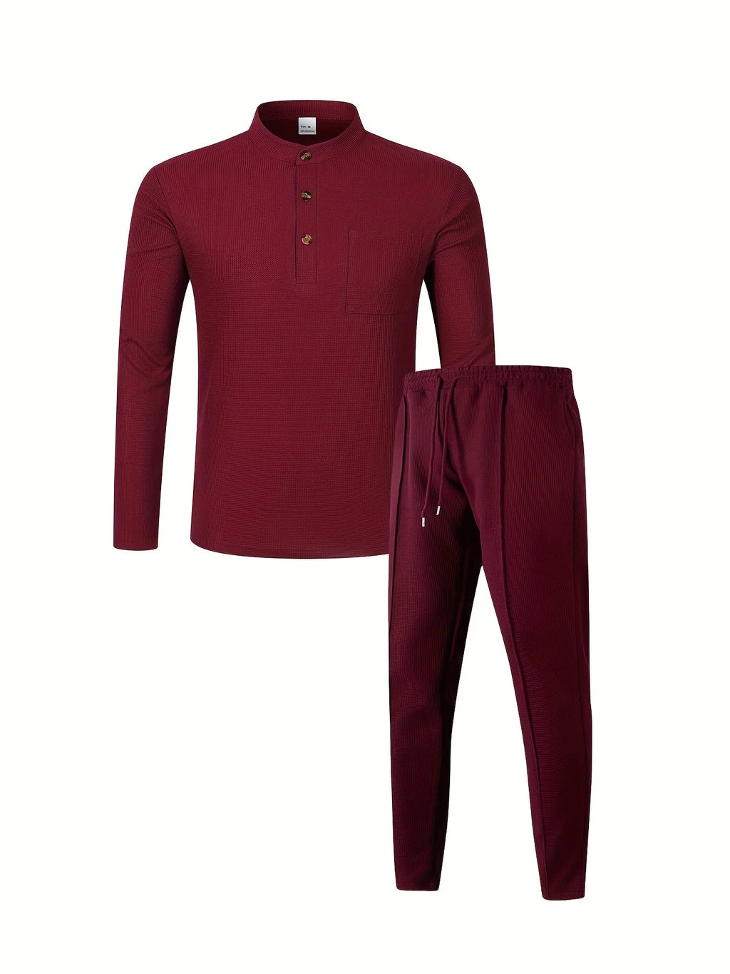 Men's Two-Piece Waffle Set – Henley Top & Casual Trousers