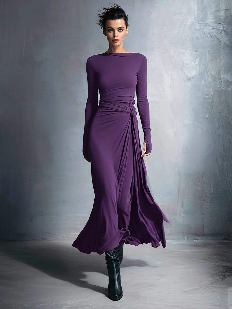 Maxi Wrap Dress for Women – Elegant Bow Detail Long Sleeves