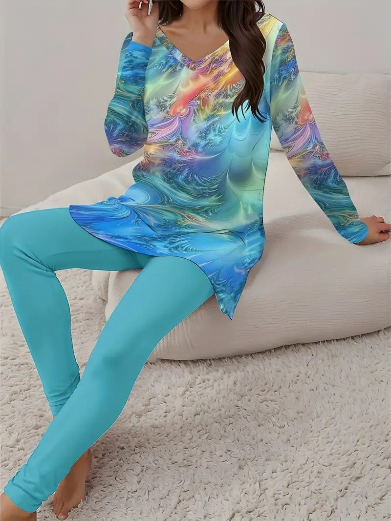 Vintage Two-Piece Women’s Set – Floral V-Neck Top & Leggings