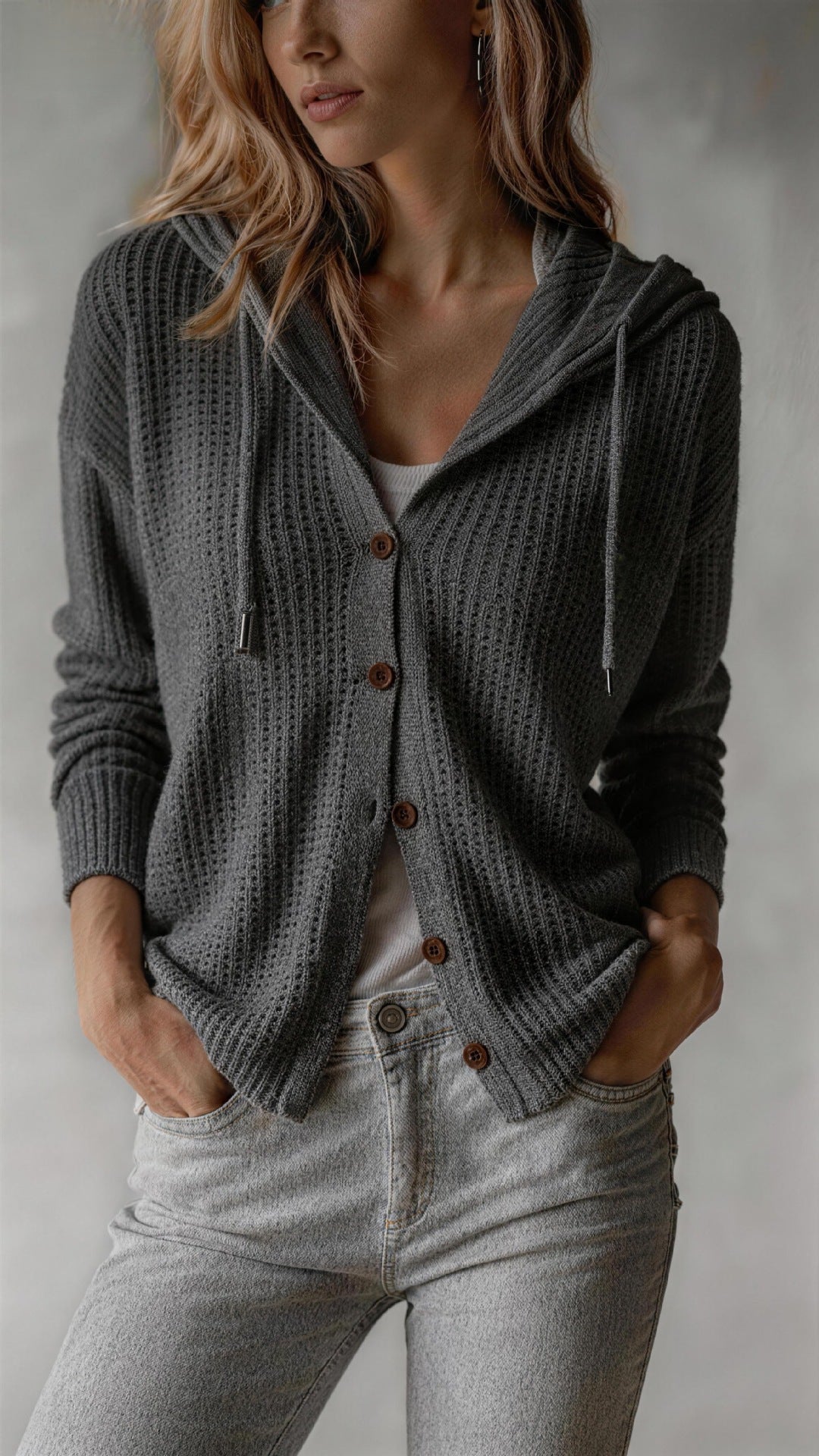 Women's Hooded Knitwear Vest – Relaxed Fit, Button Closure