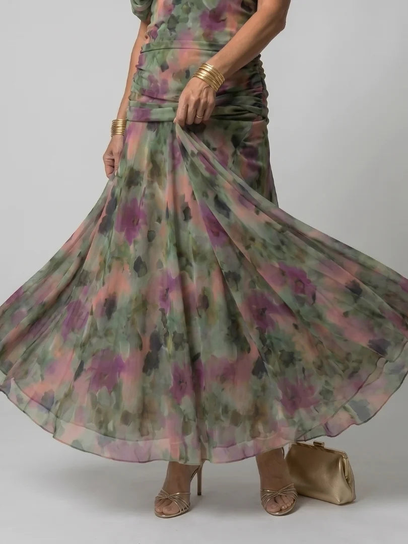 Women's Maxi Chiffon Dress – V-Neck Print, Short Sleeves