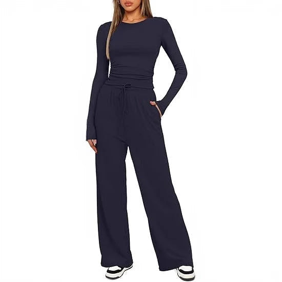 Women's Two-Piece Set - High-Waisted Wide-Leg Trousers & Long-Sleeved Top
