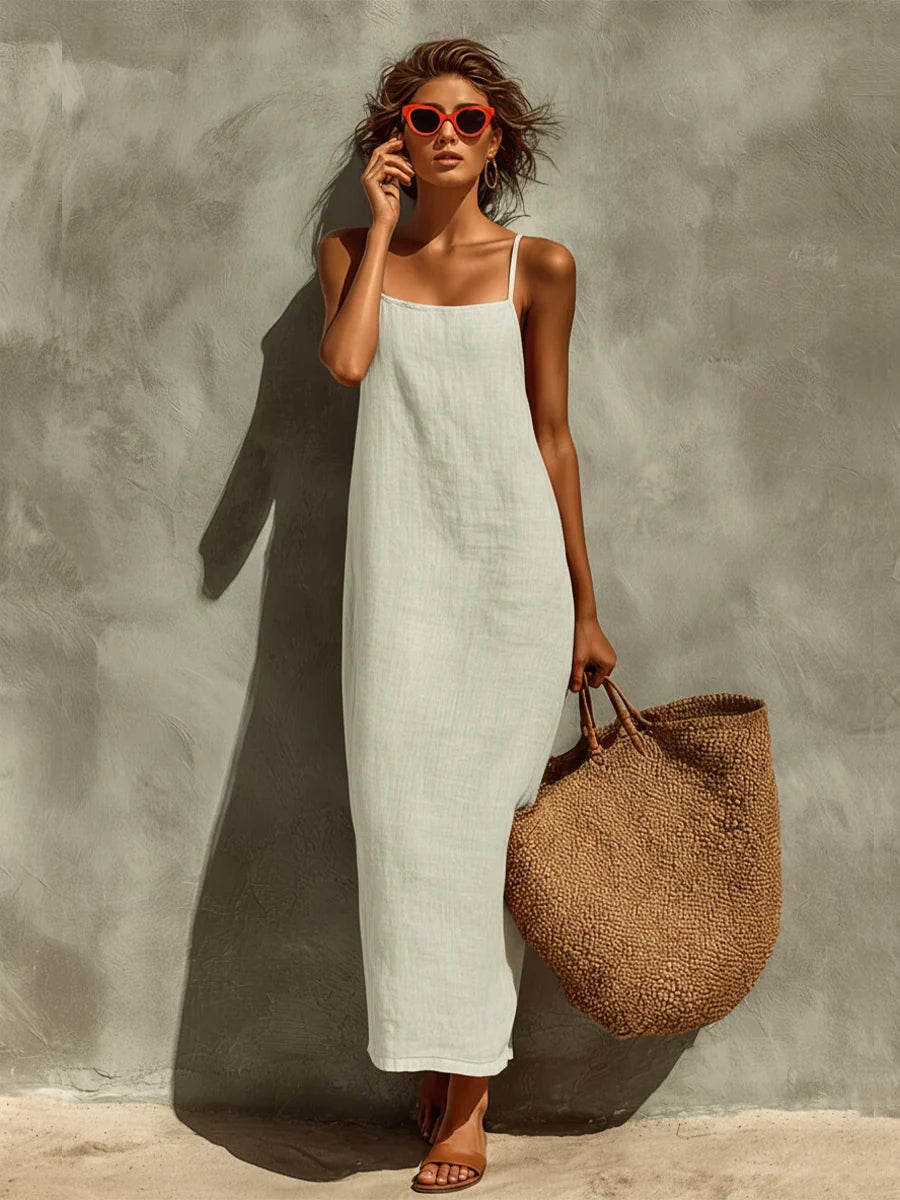 Long Dress for Women in Cotton Blend – Loose Fit Square Neckline
