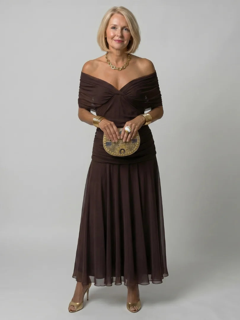 Women's Maxi Chiffon Dress – V-Neck Print, Short Sleeves
