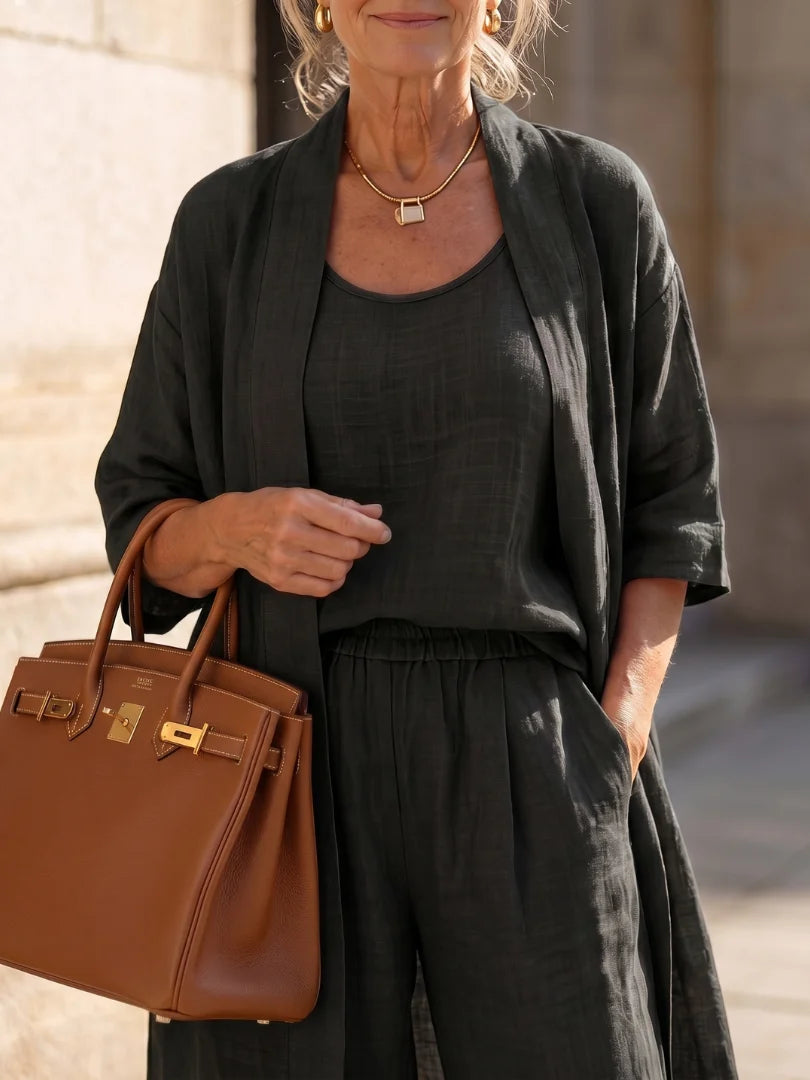 Women's Three-Piece Set – Mid-Length Cardigan, Tank Top and Straight-Leg Trousers
