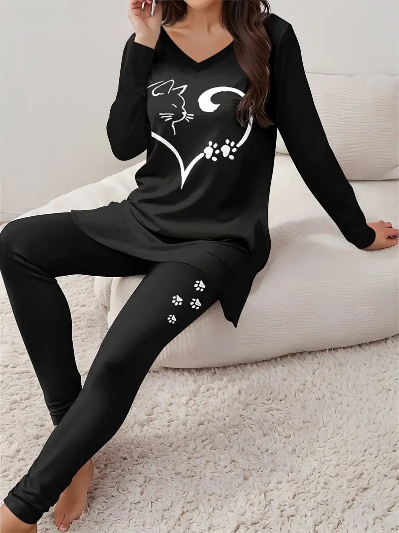 Vintage Two-Piece Women’s Set – Floral V-Neck Top & Leggings