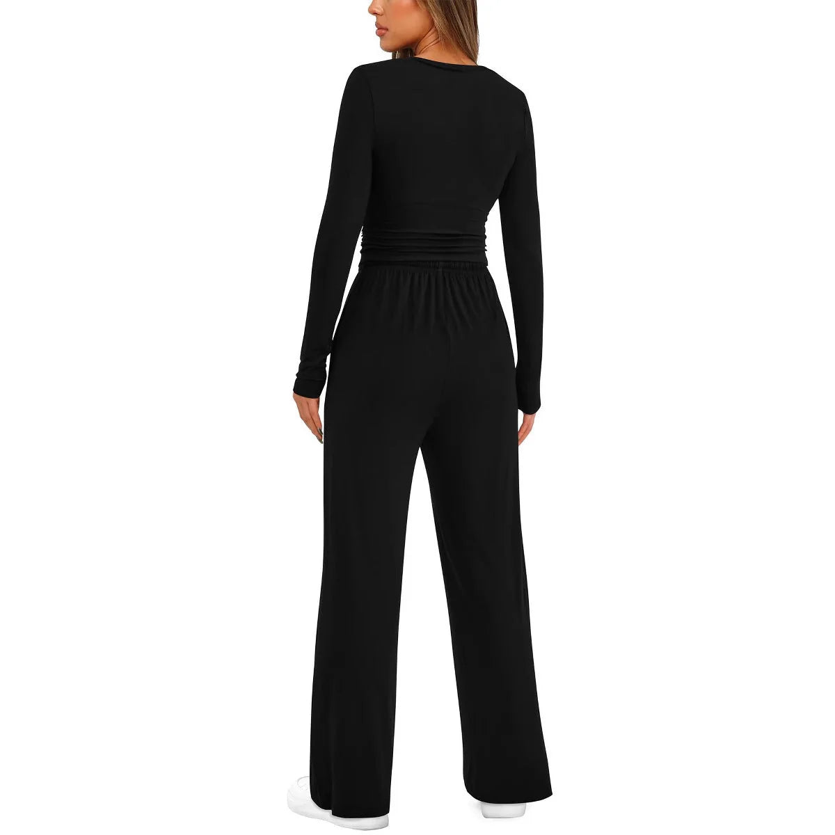 Women's Two-Piece Set - High-Waisted Wide-Leg Trousers & Long-Sleeved Top
