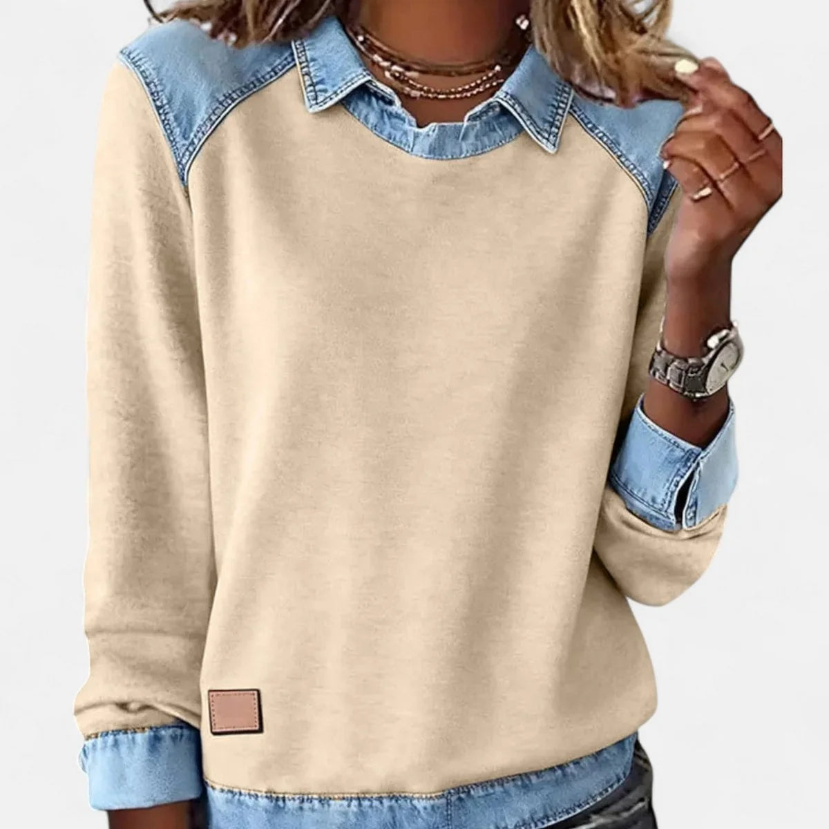 Women's Knit Sweater – Contrasting Denim Shirt Collar