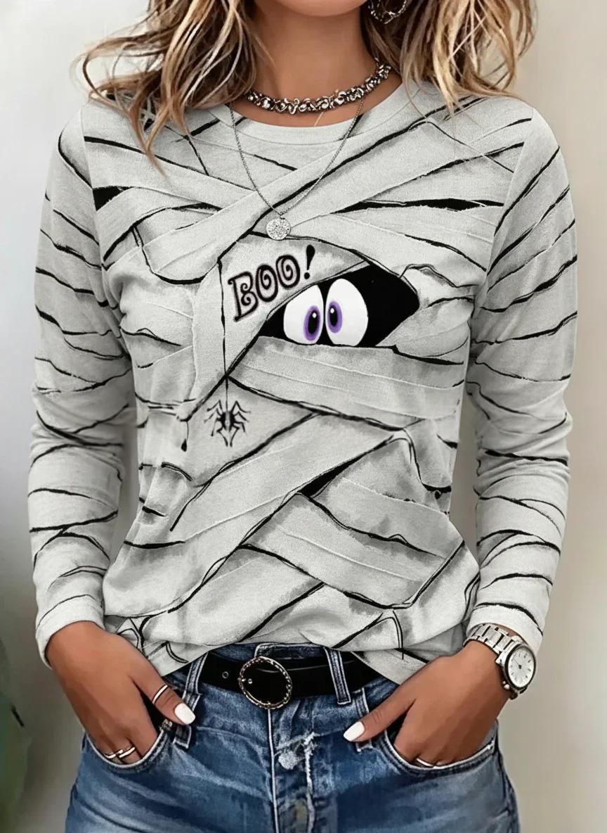 Women's Printed Top with Round Neck and Long Sleeves – Relaxed Fit