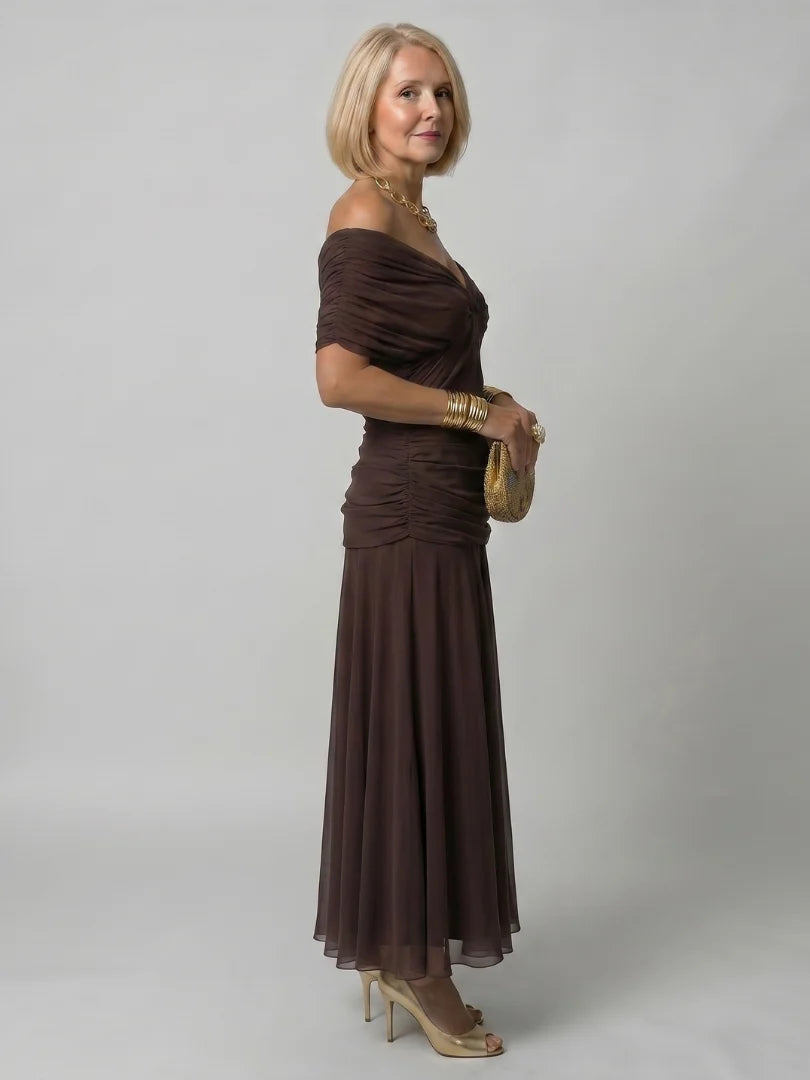 Women's Maxi Chiffon Dress – V-Neck Print, Short Sleeves